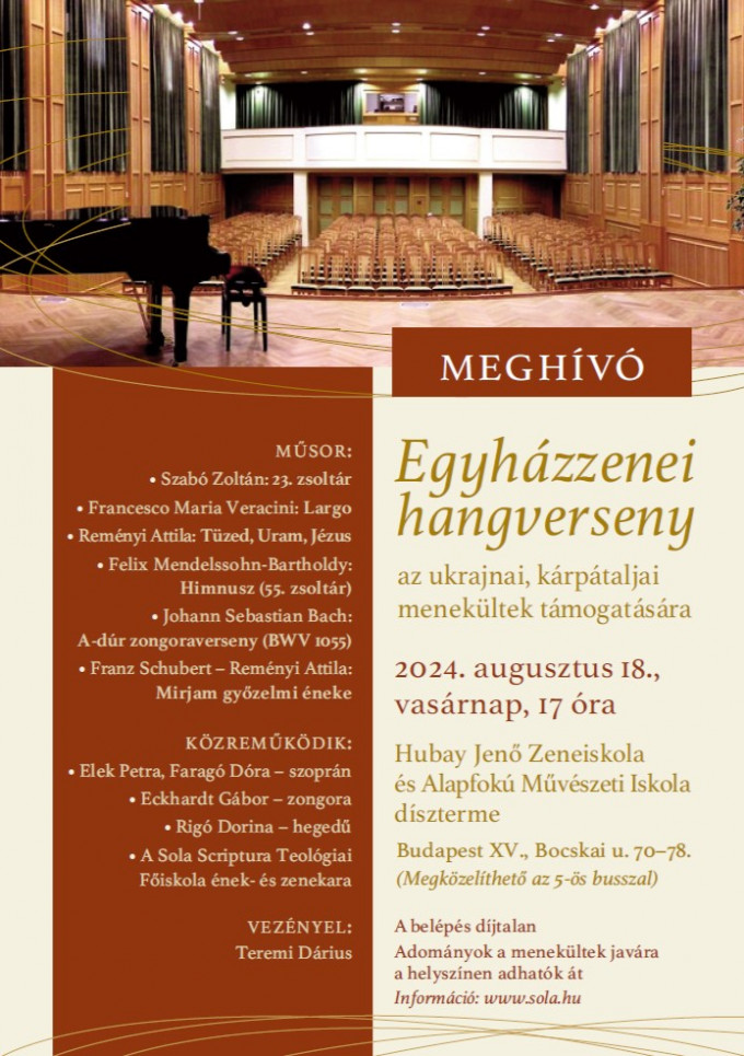 Egyházzenei hangverseny Budapesten – 2024. augusztus 18., vasárnap, 17 óra