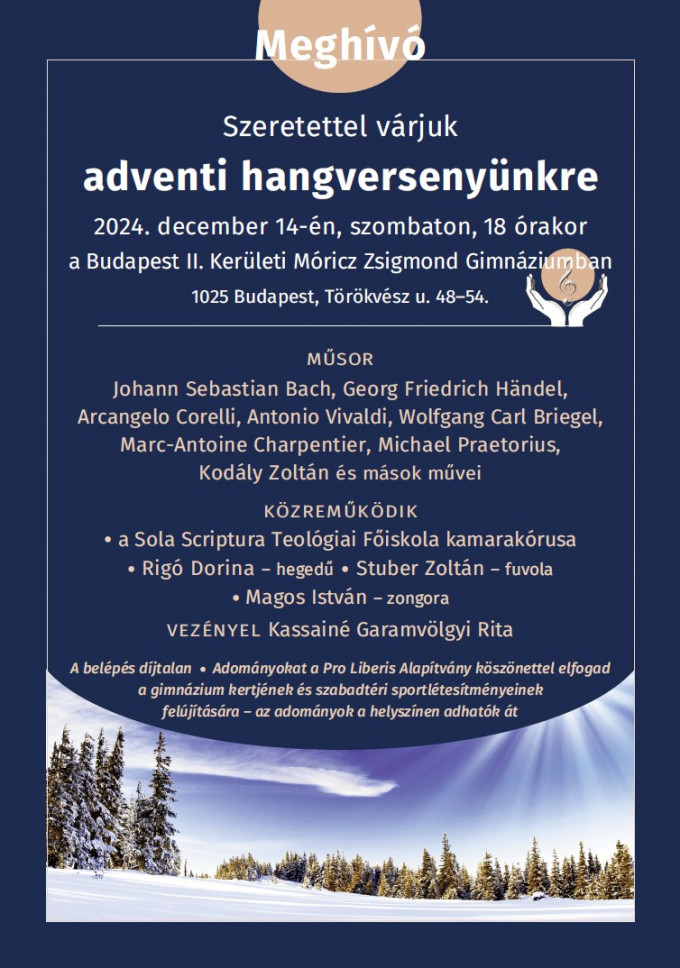 Egyházzenei hangverseny a Móricz Zsigmond Gimnáziumban, 2024. december 14-én, szombaton, 18 órakor